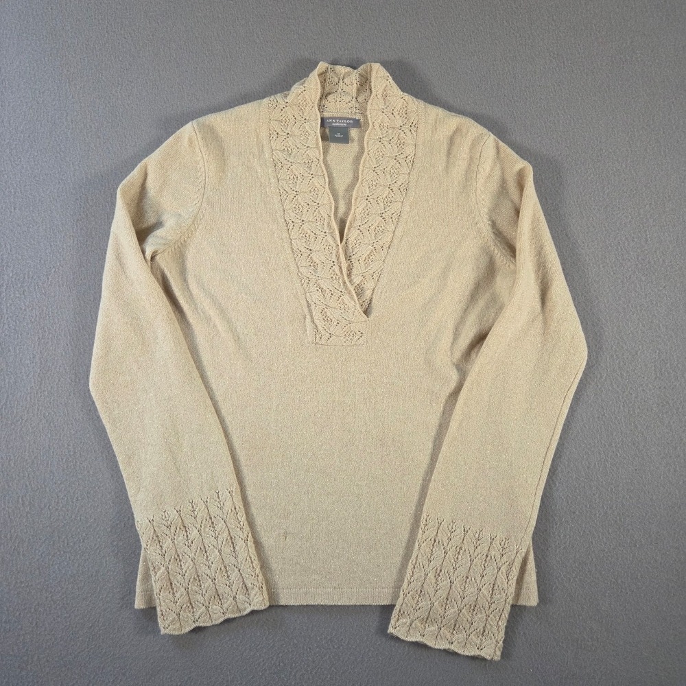 Ann Taylor Sweater Womens Medium Beige 100% Cashmere Floral Lace Collar V Neck